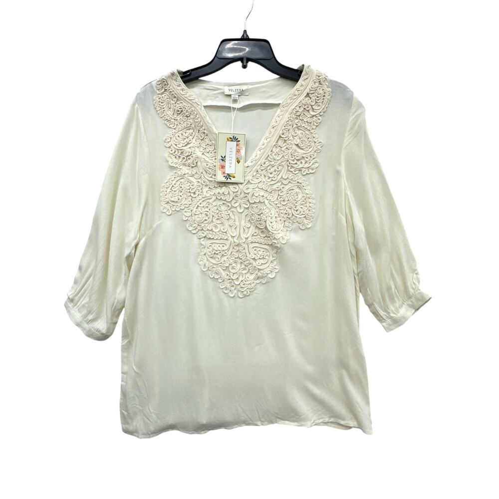 Velzera Embroidered Tunic Top Women L Off White Boho Peasant 3/4 Sleeve NWT